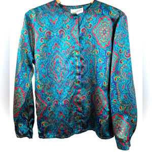 Diane von Furstenberg vintage jewel tone button up blouse, M-L, Silky Satin